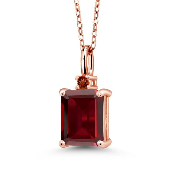Gem Stone King 18K Rose Gold Plated Silver Red Garnet Pendant Necklace for Women | 2.66 Cttw | Gemstone January Birthstone | Emerald Cut 9X7MM | With 18 inch Silver Chain