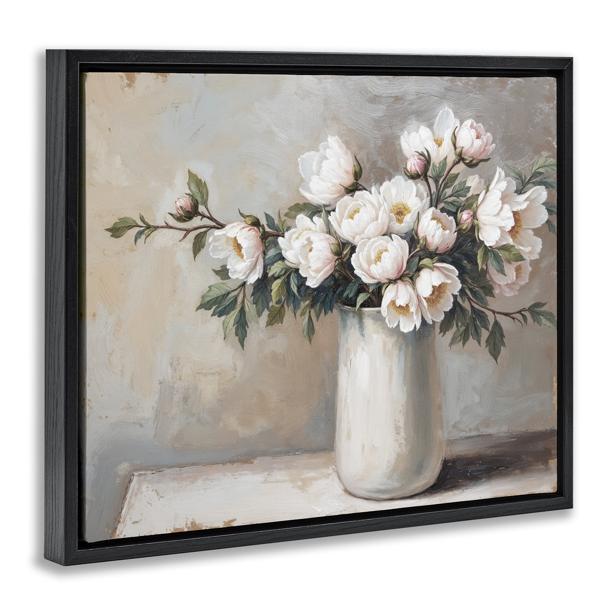 White Flowers in Vase Still Life Black Framed Floater Canvas Wall Art, design by Lettered and Lined