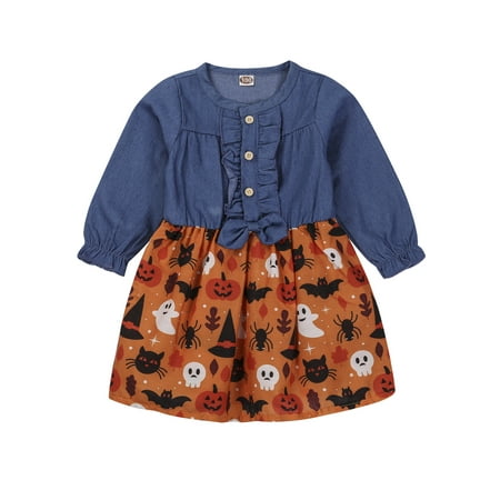 

Sunisery Autumn Halloween Denim Dress Kids Baby Girls Stitching Patchwork Dress Long Sleeve Holiday Dress Orange 3-4 Years