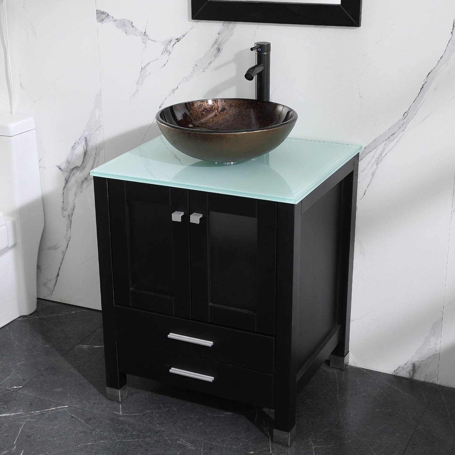 Wonline 24" Vessel Sink Wood Bathroom Cabinet w/Mirror And Temepered Glass Countertop