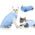 thumbnail image 1 of Traje de recuperación profesional para heridas abdominales o afecciones cutáneas, después de una cirugía, mono tipo pijama, alternativa de cuello en E para gatos (S, azul), 1 of 5