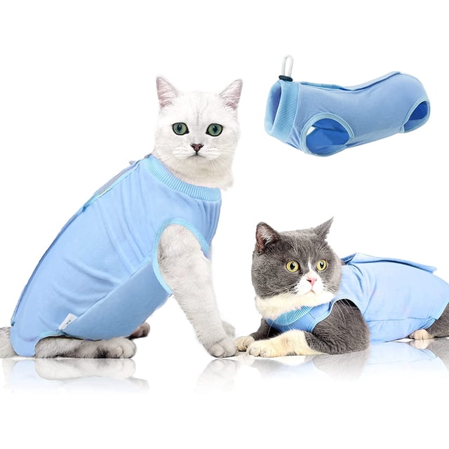 Traje de recuperación profesional para heridas abdominales o afecciones cutáneas, después de una cirugía, mono tipo pijama, alternativa de cuello en E para gatos (S, azul)