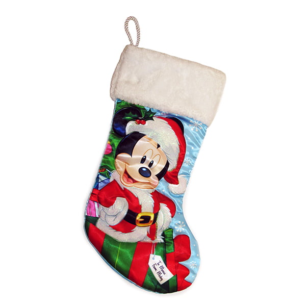 New Mickey Mouse Santa Bag of Toys Needlepoint Velvet Stocking w/ Clock Pocket