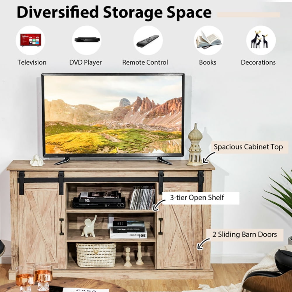Finihen TV Stand, TV Cabinet, 55 Inch Sliding Barn Door TV Stand with Adjustable Shelves for TVs up to 65 Inch, for Living Room, Bedroom, Natural