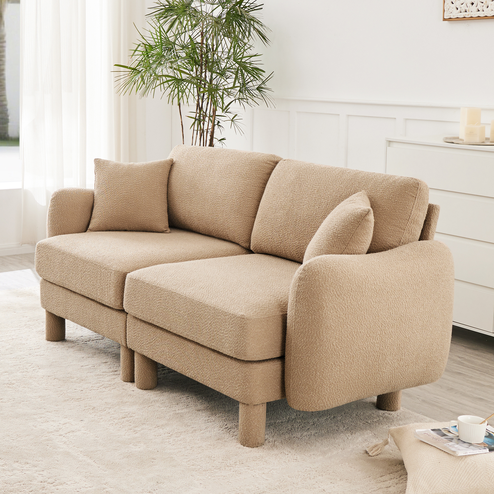 Gewnee Coffee 2-Seater Boucle Loveseat with Shell Armrests & Fabric-Wrapped Cylindrical Legs - Ideal for Bedroom Reading Nook, Home Office Lounge