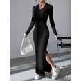 thumbnail image 2 of Black Temperament Pit Strip Slimming Dress Autumn/Winter Casual Waist Wrap With Hip V-neck Knit Dress, 2 of 8