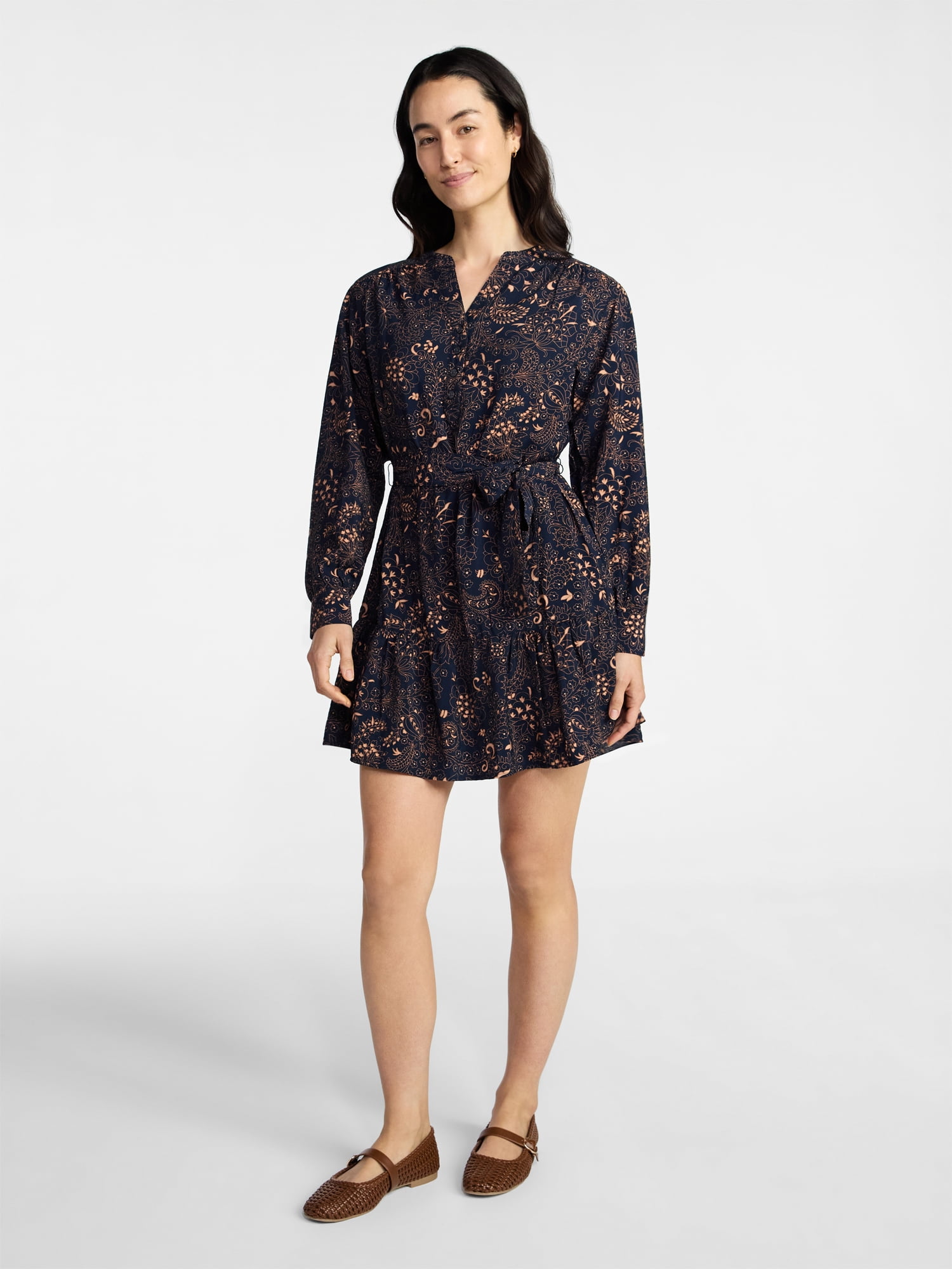 Time and Tru Women's Tiered Mini Dress with Long Sleeves, Sizes XS-XXXL