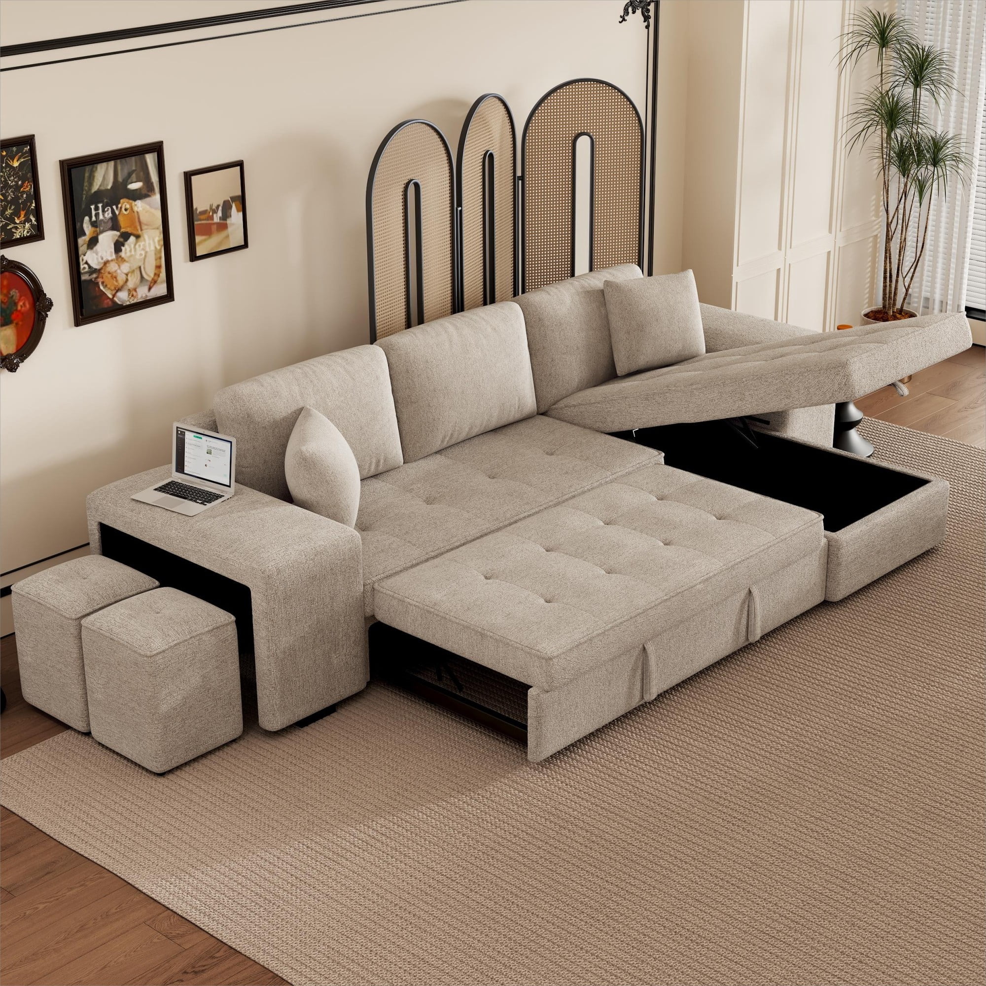 104.5" 3 Seat Reversible Sectional Couch, L-Shape Modern Pull Out Sleeper Sofa with Storage Chaise and 2 Stools for Living Room,khaki