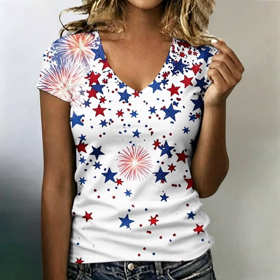 Trendfront Womens Fireworks Print T-Shirt 4th of July Independence Day Celebration V-Neck Tee Short Sleeve Casual Summer Tops