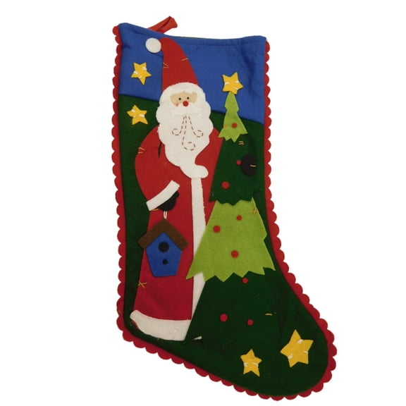 Green Felt Patchwork Santa Claus & Tree Christmas Holiday Stocking