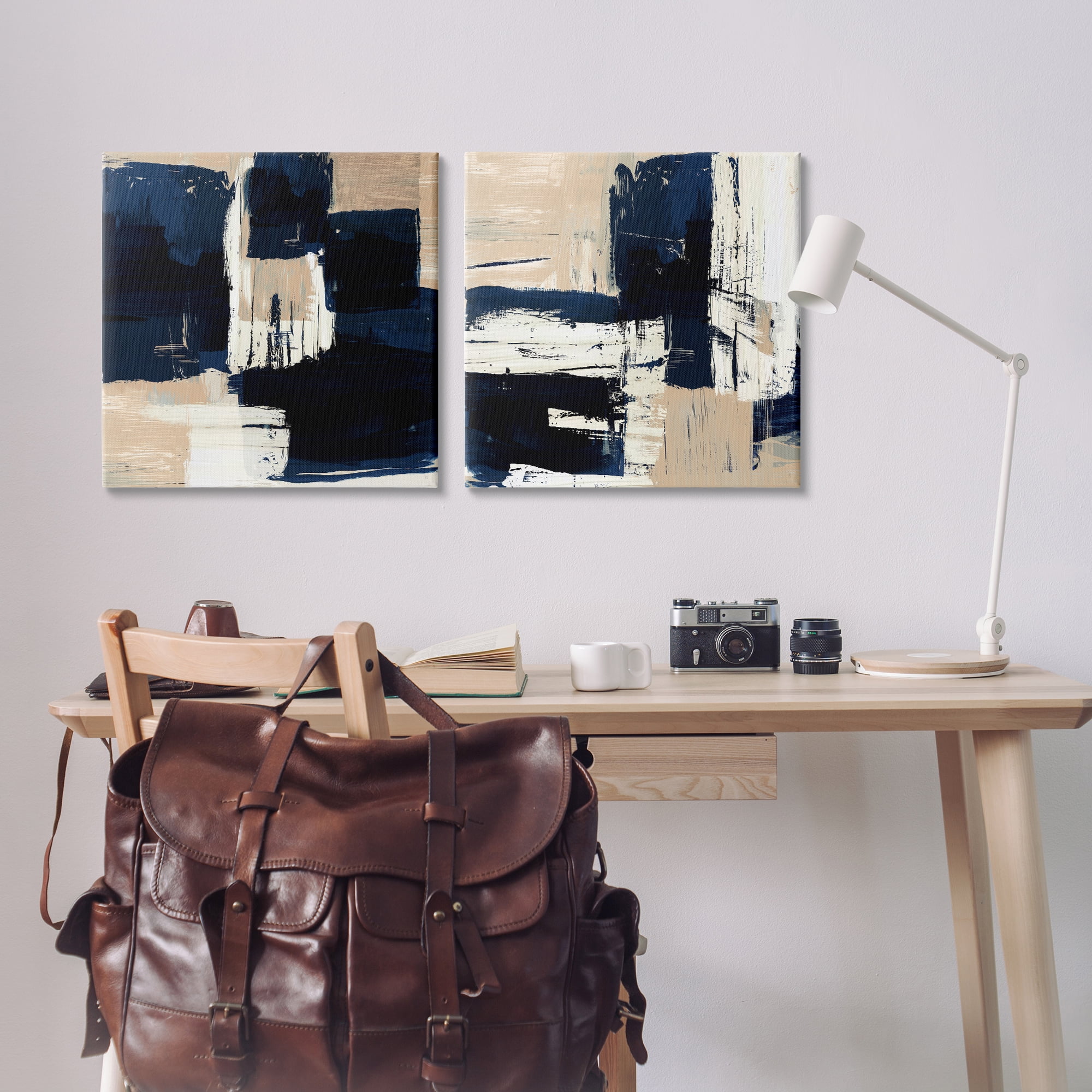 Stupell Industries Abstract Navy Neutral Abstract Painting Wrapped Canvas Art Print Wall Art, 24 x 24, Set of 2