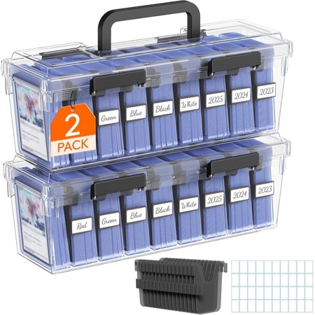 Trading Card Storage Box with 8 Adjustable Dividers, Reinforced Latch Deck Box with Writable Labels, Stackable Case Fit for MTG, Sport Cards up to 900 Unsleeve(180 with Toploader), 2 Pack