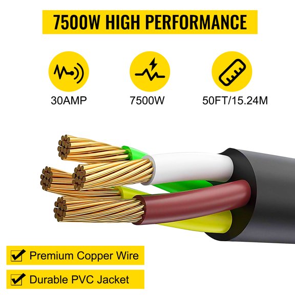 VEVOR - Cable de extensión para generador de 50 pies y 30 amperios, 4 cables, calibre 10, cable de generador de 125 V, 250 V, conector de bloqueo giratorio (50 pies, 30 amperios)