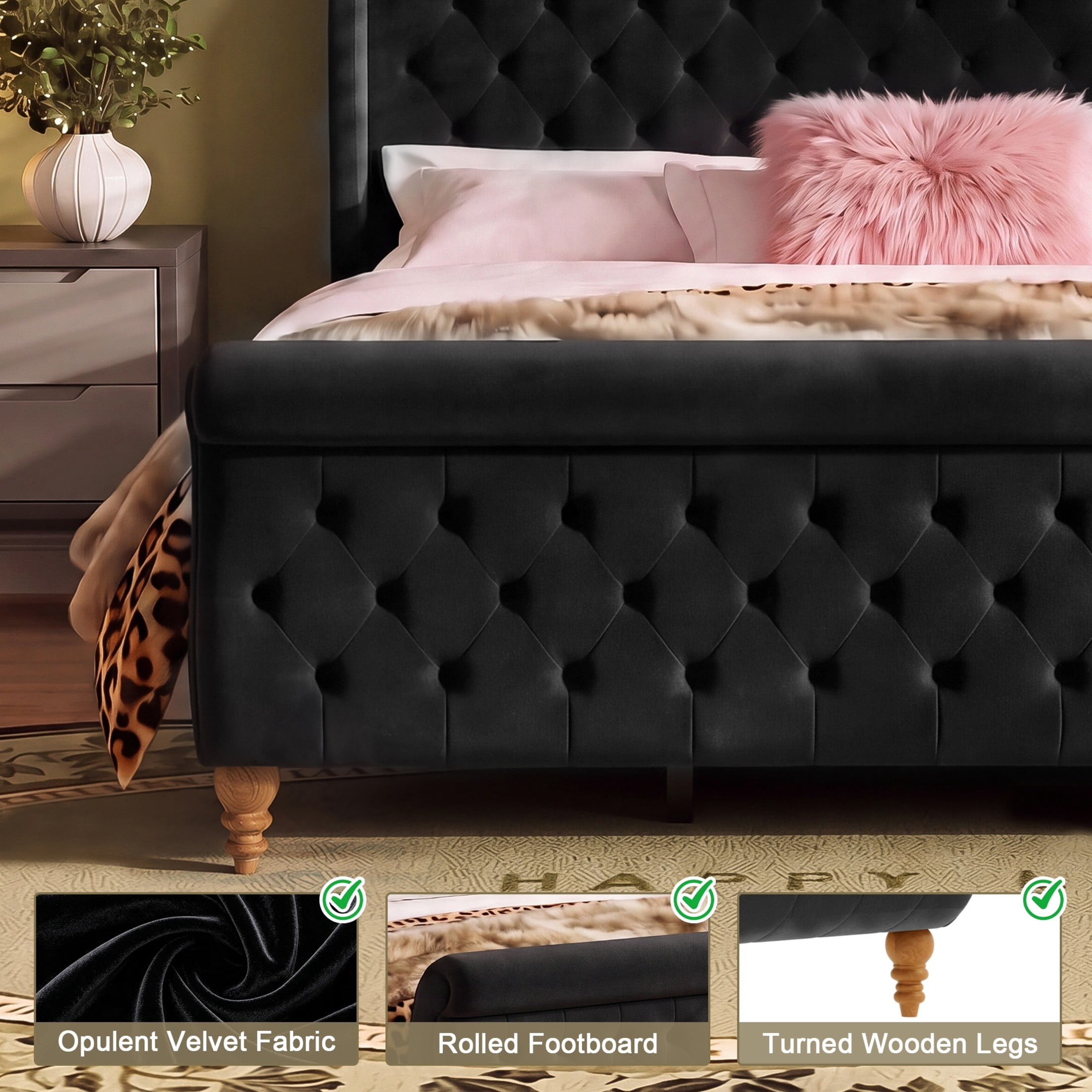GDF Studio Orlan King Size Velvet Upholstered Sleigh Platform Bed Frame with Wood Slat Support, Modern Design, Black