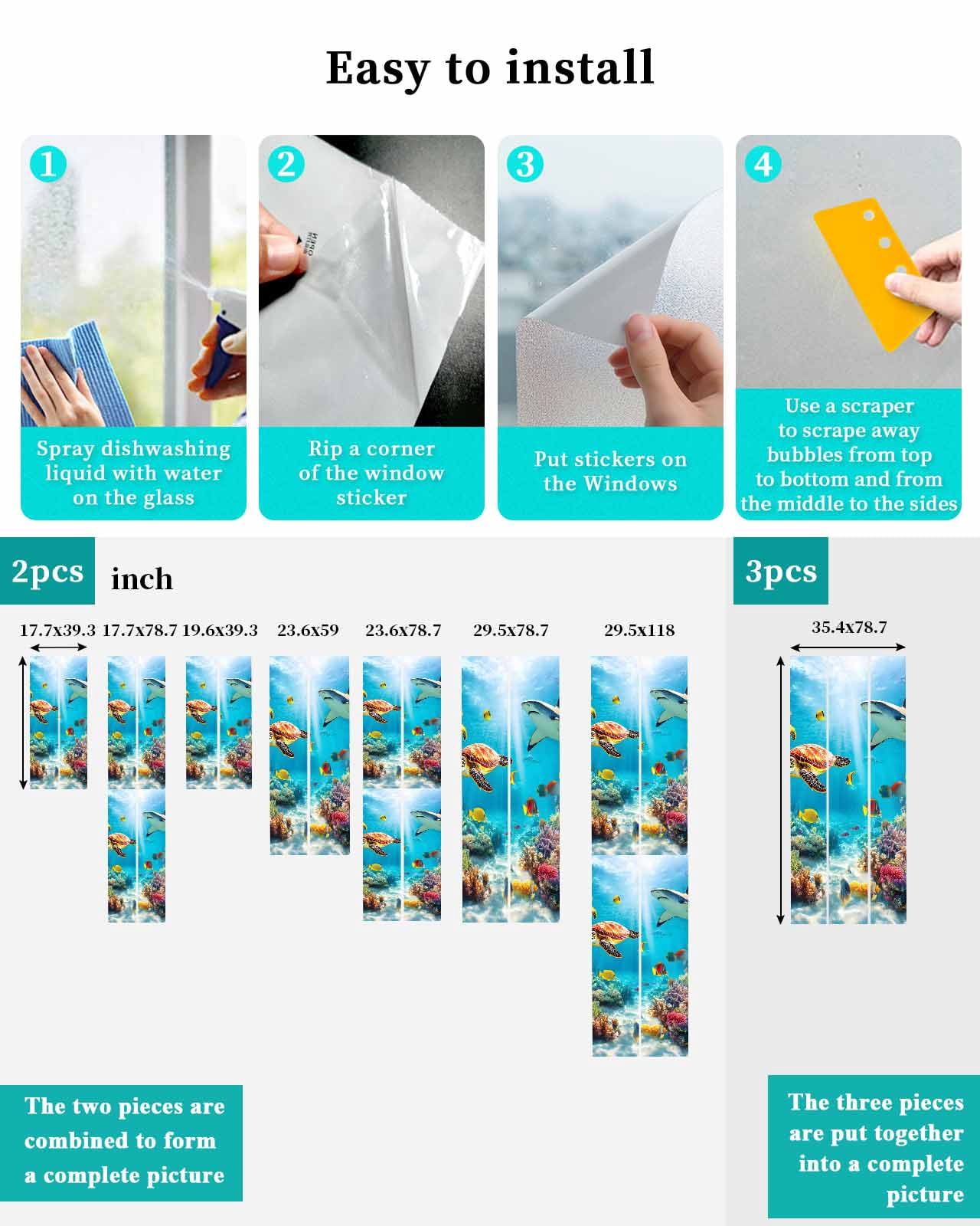 Window Privacy Film Turtle Stained Glass Window Film Decorative Sun Block Window Cover Shark Ocean Coral Underwater Scenery Sea Window Clings Static Adhesive Sticker for Bathroom 23.6"x59"
