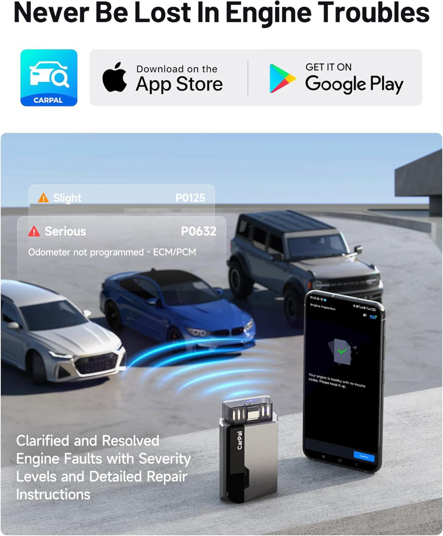 TOPDON CarPal - Carpal OBD2 Scanner Bluetooth - All System Diagnostic Tool for iOS & Android, Scanner for Car, Vehicle Health Check, 6 Mainteanance Services, Smog Check, Repair Guide, Performance Test
