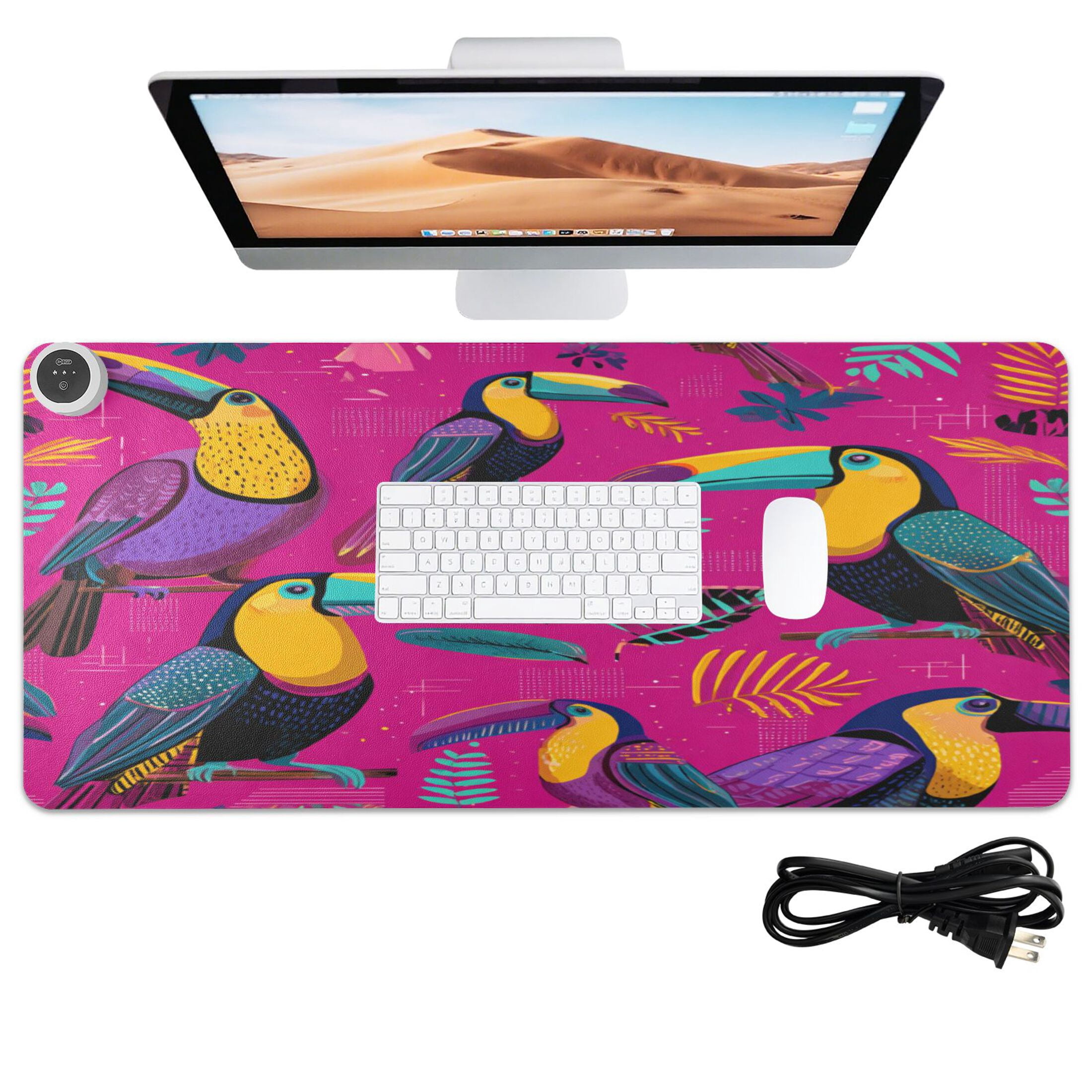 Large Heated Desk Mat Mouse Pad 31.5"x13"PU Leather Graphene Heating Desk Warmer with 3 Temperature Settings 110V US Plug Non-Slip Warm Pad for Home, Office, and Gaming Toucan in The Pink Jungle