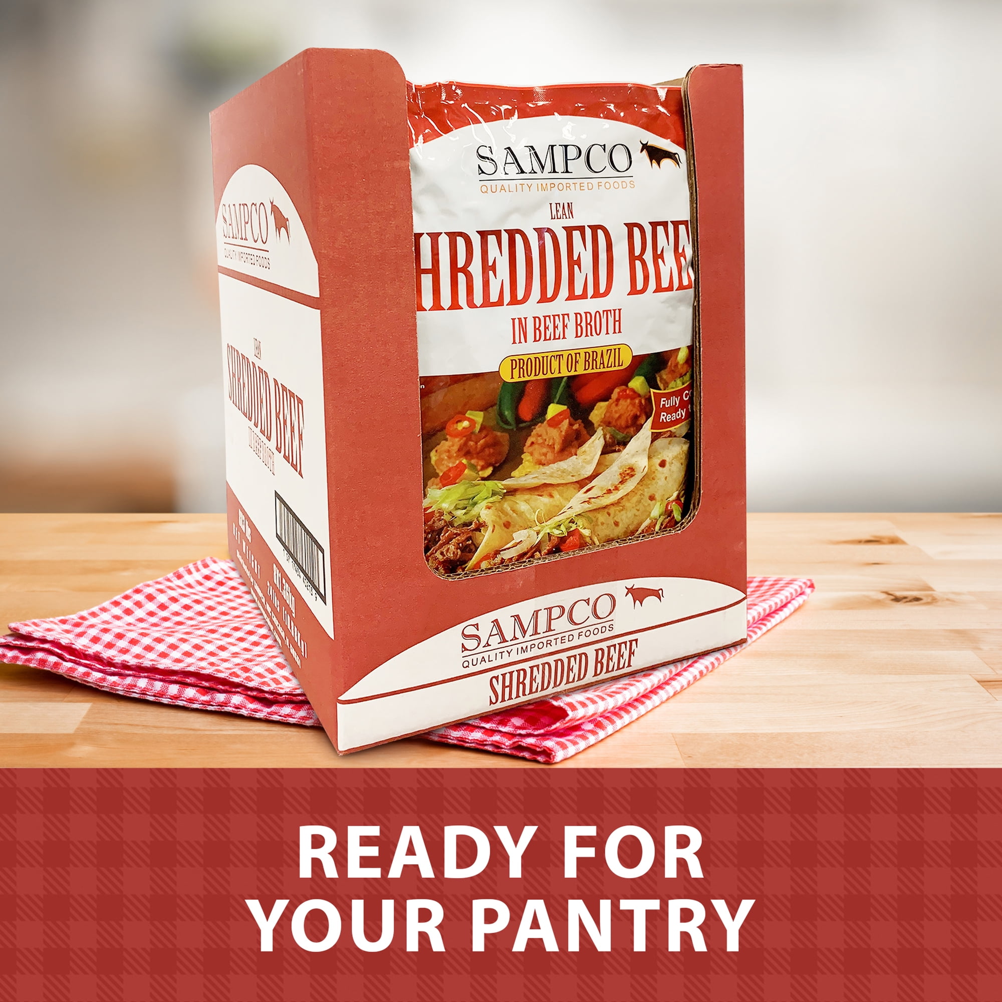 SAMPCO Shredded Beef in Beef Broth, Shelf Stable Pouch, 3Lbs (Case of 8)