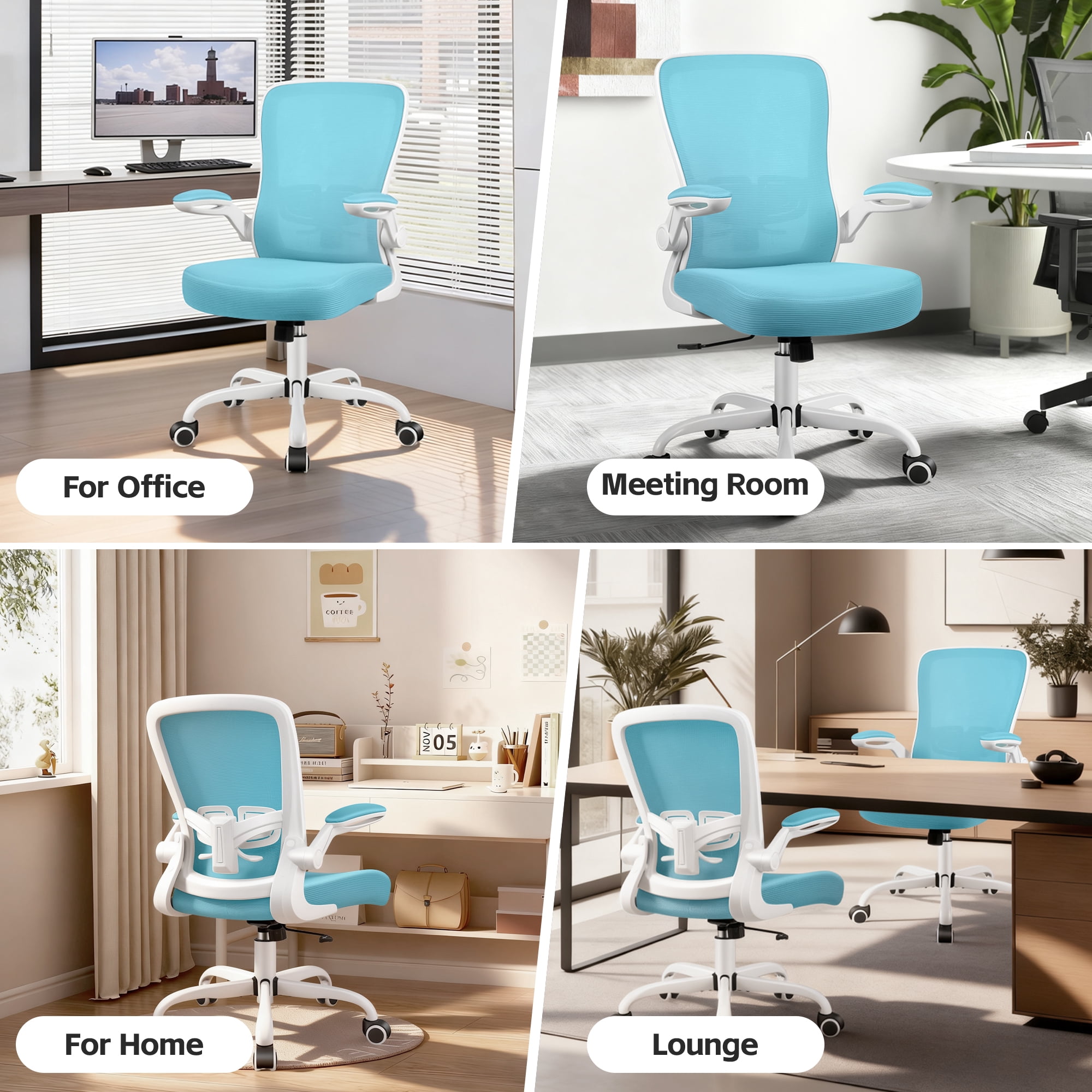 COOLHUT Ergonomic Office Chair, Home Office Desk Chair, Comfort Mesh Task Chair with Adjustable Lumbar Support and Flip up Arms, Blue