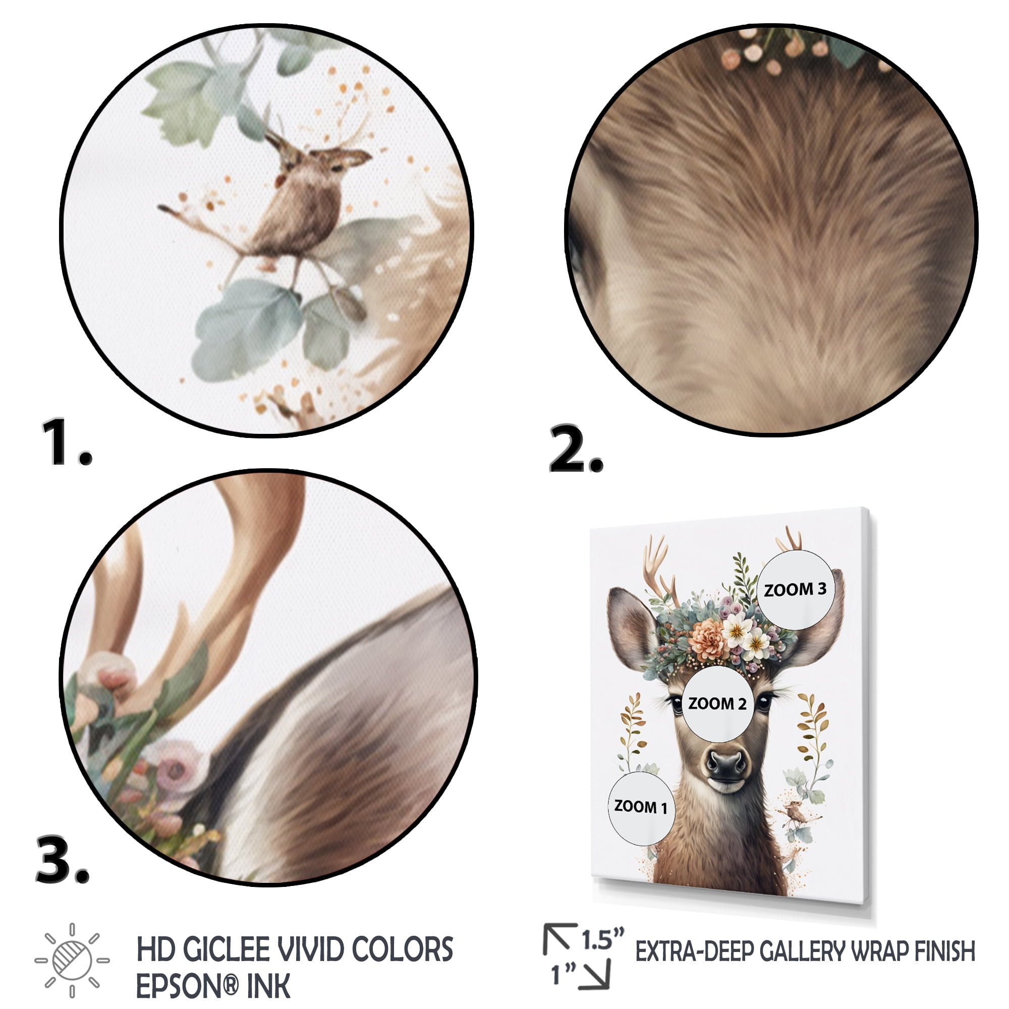 Designart Cute Baby Caribou With Floral Crown I Canvas Wall Art