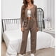 thumbnail image 4 of 2 unidades mujeres waffle salón traje color puro manga larga ronda Masajeadores de cuello abrigo alta cintura recta Pantalones suelta casual para el hogar marrón XL, 4 of 7