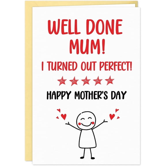 WaaHome Funny Mothers Day Card - Well Done Mum Design Gift - Humorous Happy Mothers Day Card with Envelope for Mom from Daughter Son Kids Children
