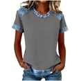 thumbnail image 3 of Craaazy Women's Solid Color Waffle Knit Crewneck Short Sleeve Denim Prints Trim Blouse Loose Fit Casual Top Gifts, 3 of 5