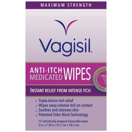 Vagisil Anti-Itch Medicated Wipes, Maximum Strength For Instant Relief from Intense Itch, , 12 Wipes Individually (Best Feminine Hygiene Wipes)