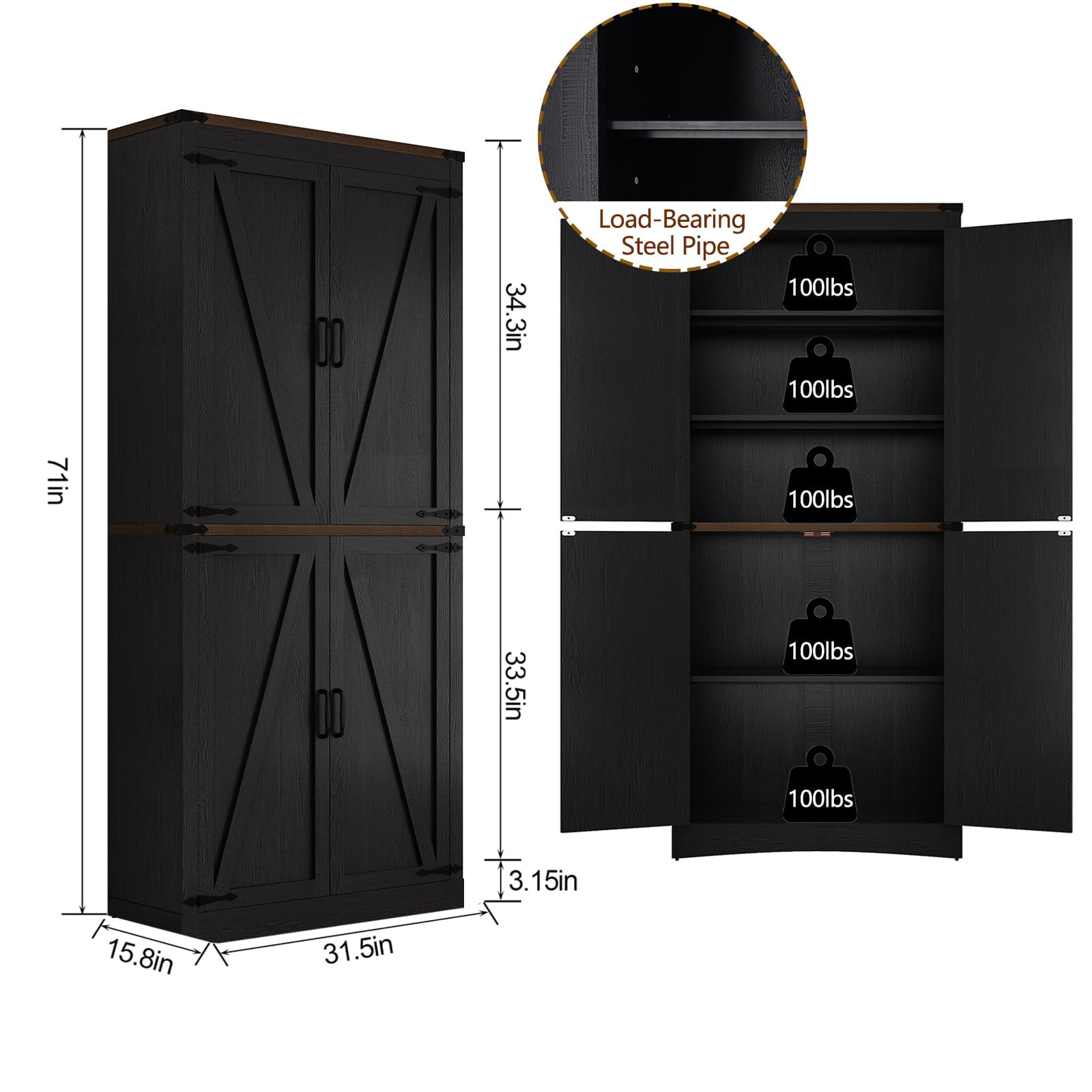 71" Tall Farmhouse Kitchen Pantry Storage Cabinet, 5 Layers Storage Cabinet with Adjustable Shelves, Pantry Cabinet with 4 Barn Doors for Kitchen, Dining Room, Bathroom, Living Room, Rustic Black