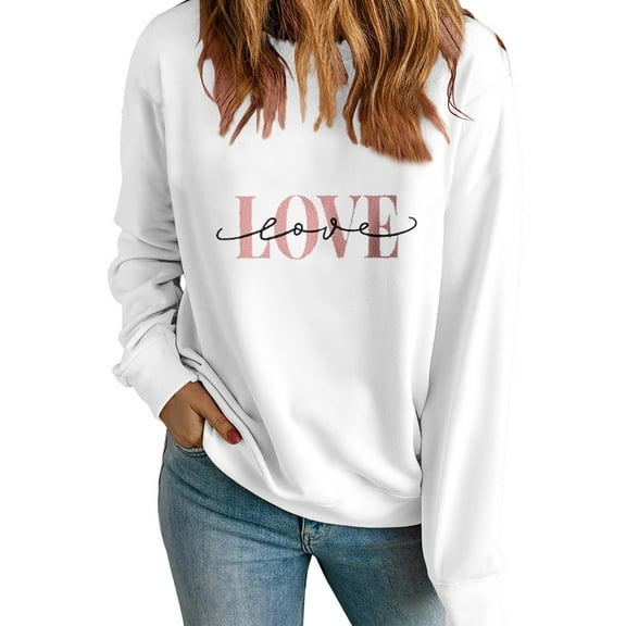 ibuvkizy Womens Sweatshirt Round Neck Lover's Love Print Sweatshirt Long Sleeved Pullover Top/shirt White,XS