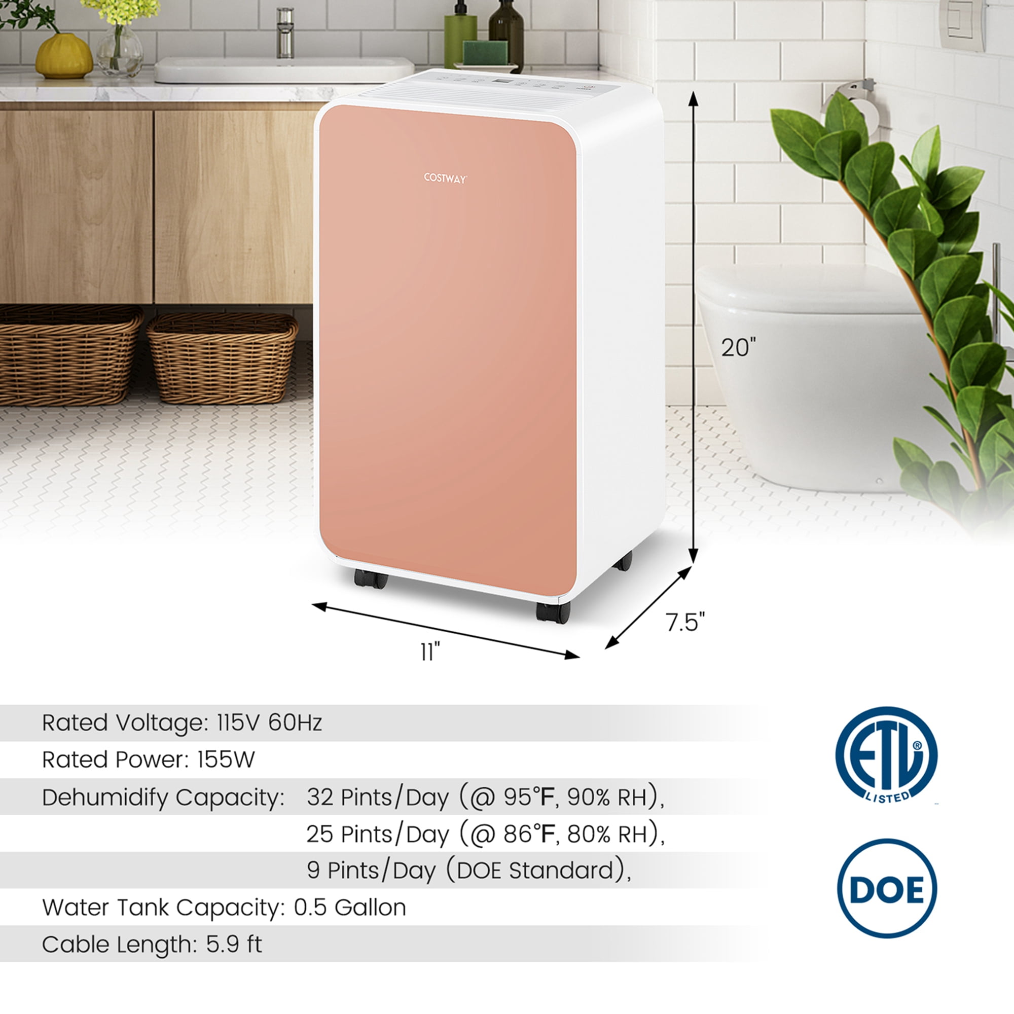 Costway 9-Pint(DOE) Portable Dehumidifier 2,500 Sq. ft Coverage Area Pink (MAX32Pint at 95°F, 90%RH)