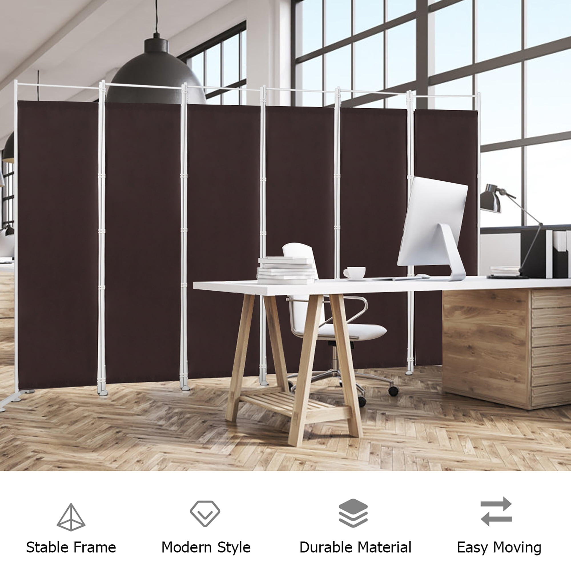 Costway 6-Panel Room Divider Folding Privacy Screen w/Steel Frame Decoration Brown