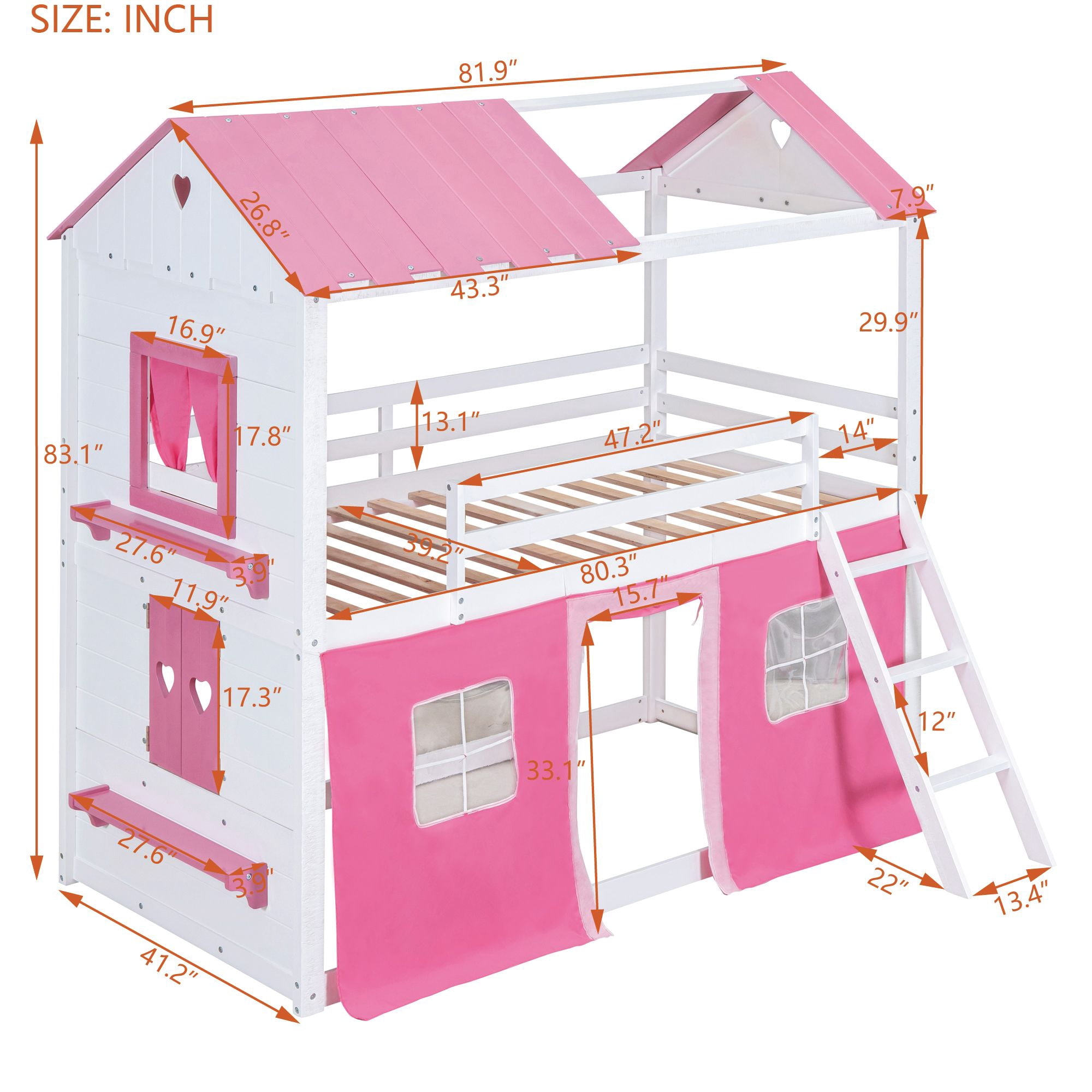 Aukfa Twin over Twin Bunk Bed with Tent and Roof, Wood Playhouse Bed for Kids, Pink