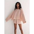 thumbnail image 3 of Womens Pink Loose-Fitting Long Sleeve Pajama Set With Shorts, 3 of 5