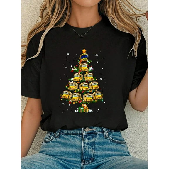 Women Cotton Tshirt School Bus Christmas Tree Funny Santa Bus Driver Pajama Xmas T-Shirt Comfort Tshirt Women