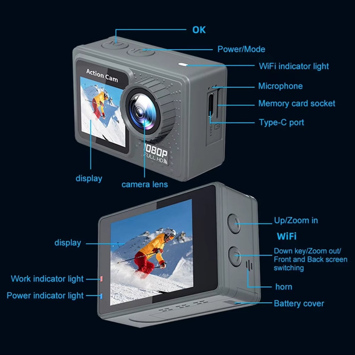 WiFi Action Camera 30m Waterproof Exercise Video Recorder 120° Wide Angle Sport Camcorder with Accessories Kit