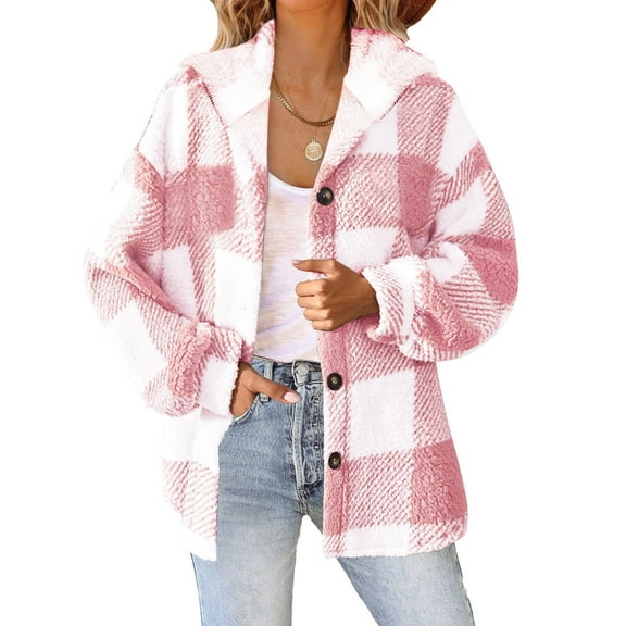 Ozmmyan Women's Plaid Fleece Jacket with Hood and Pockets, Long Sleeve Button Front Spring Fall Cool Weather Coat Plus Size S-5XL