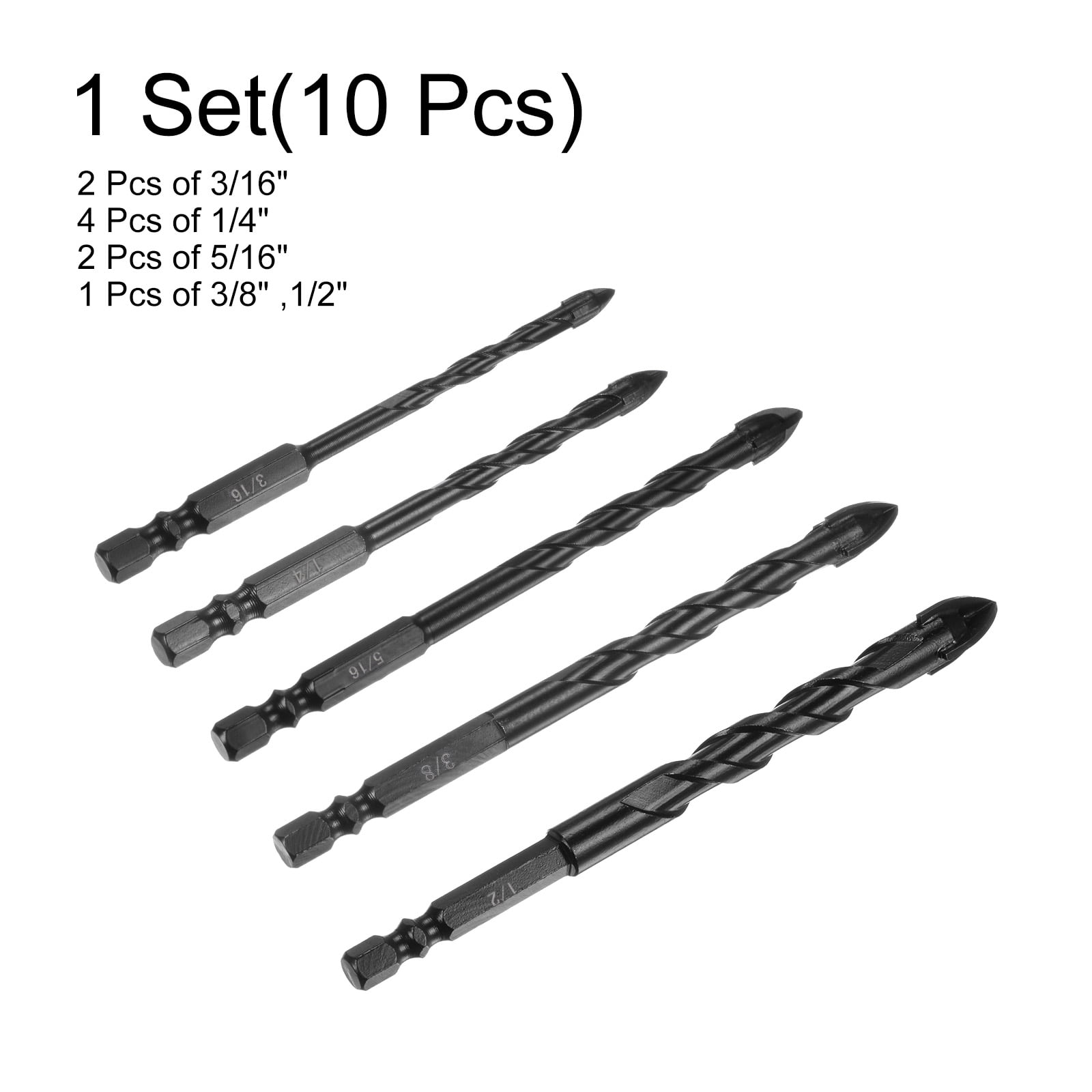 Uxcell 10 Packs 3/16" 3/16" 1/4" 1/4" 1/4" 1/4" 5/16" 5/16" 3/8" 1/2" Concrete Masonry Drill Bit Set
