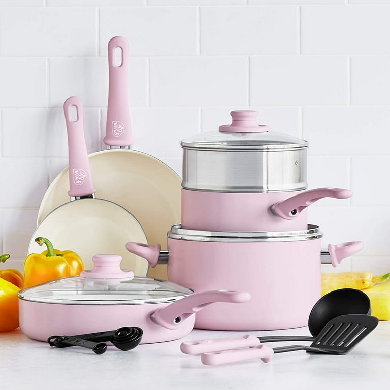 GreenLife Soft Grip Healthy Ceramic Nonstick Pink Cookware Pots and Pans Set, 12-Piece