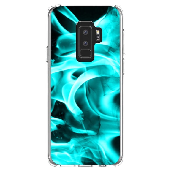 DistinctInk Clear Shockproof Hybrid Case for Samsung Galaxy S9  PLUS (6.2" Screen) - TPU Bumper, Acrylic Back, Tempered Glass Screen Protector - Teal Black Flame Fire - Printed Image of Fire