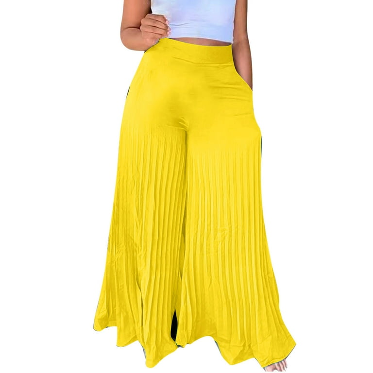 RYRJJ Womens Wide Leg Pleated Palazzo Pants with Pockets High Waisted  Chiffon Flowy Flare Trousers Clubwear(Yellow,XL) 