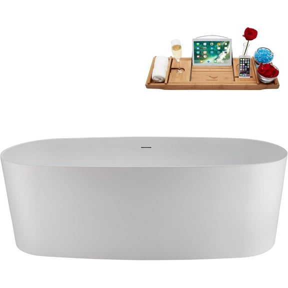 67" Streamline NS5800CH Soaking Matte White Stone Resin Freestanding Tub and Tray With Internal Drain in Polished Chrome