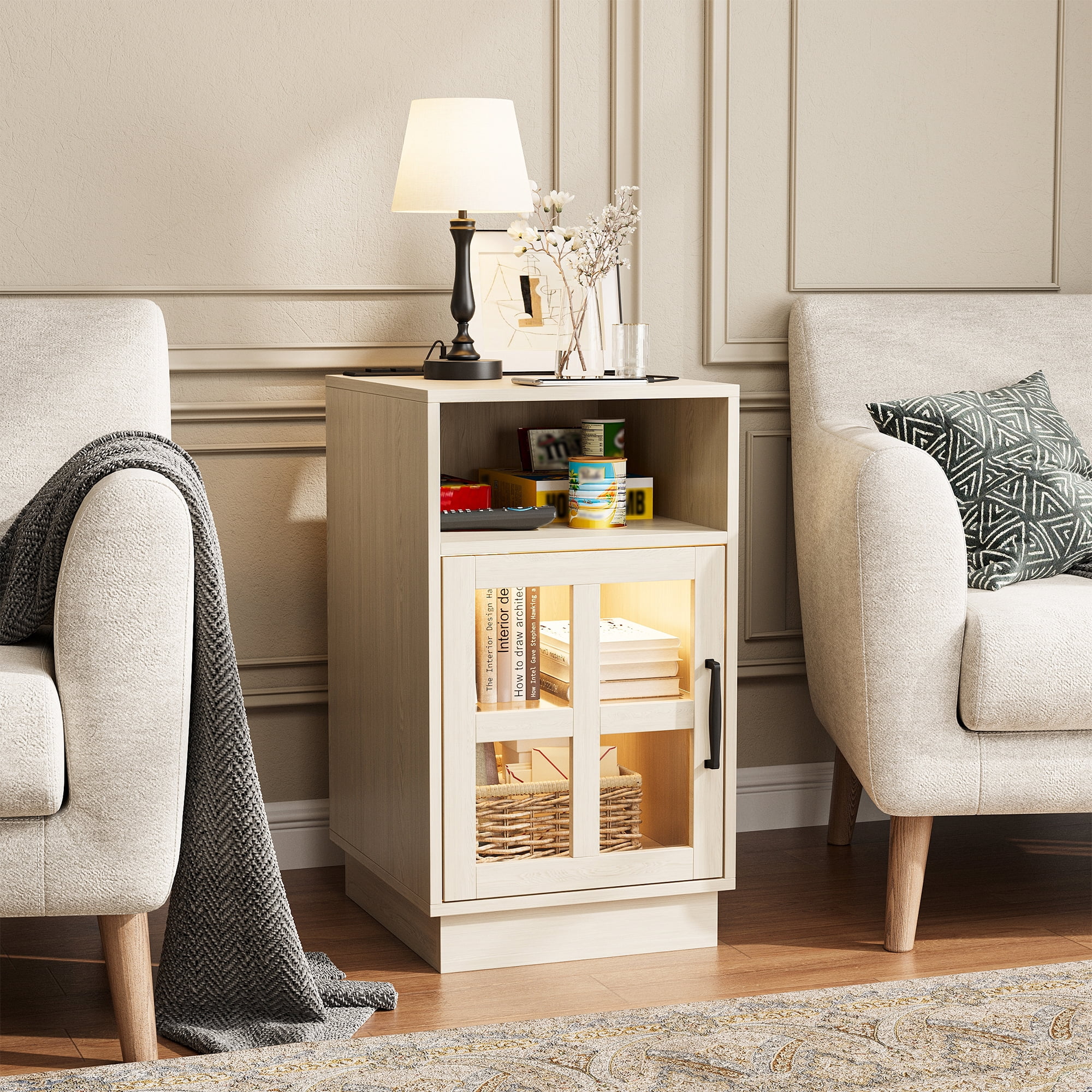 VEANERWOOD End Tables for Living Room with Charging Station & LED Light, Nightstand for Bedroom with Glass Door and Adjustable Shelf, Beige