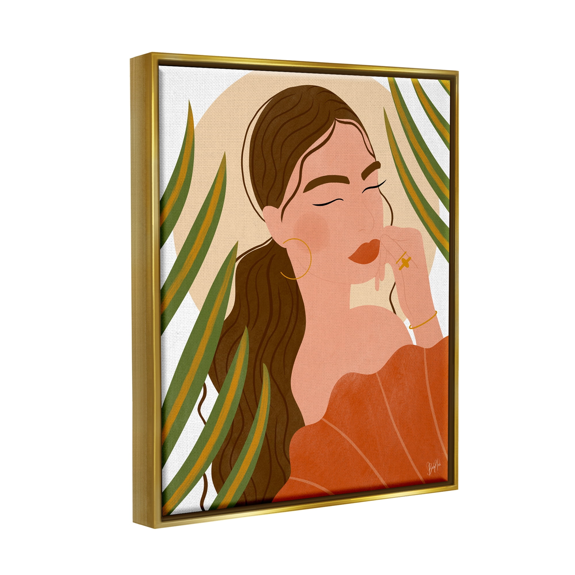 Stupell Industries Woman Tropical Snake Plant Leaves Circle Cutout Shape Graphic Art Metallic Gold Floating Framed Canvas Print Wall Art, Design by Birch&Ink