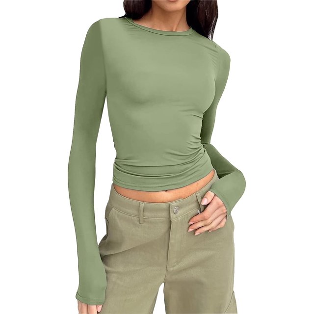 Women's Sexy Long Sleeve Square Neck Basic Slim Fitted Ribbed Knit Tee Shirts Crop Tops