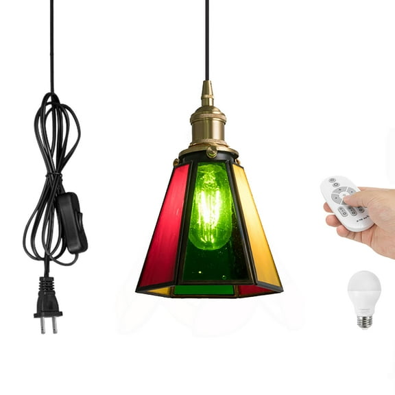 Kiven Plug in Pendant Light, Antiqued Stained Glass Hanging Light Fixture with Remote and Glass Lampshade, E26 Socket Dimmable Pendant Light for Bedroom Hallway Kitchen