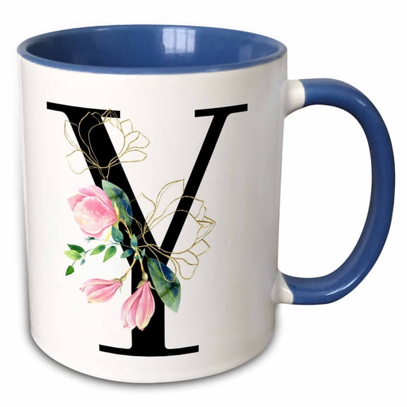 3drose, Chic Black Monogram Initial Y with Pretty Pink Flowers, 11oz Two-tone Blue Mug