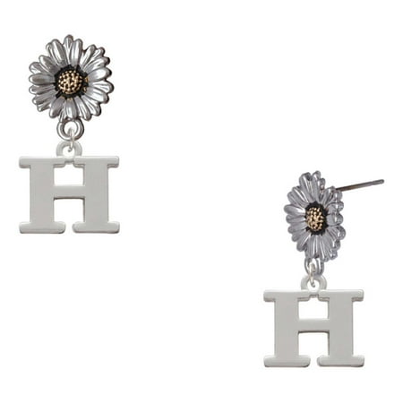 Delight Jewelry Silver-tone Large Initial – H – Two-tone Daisy Flower Post Earrings