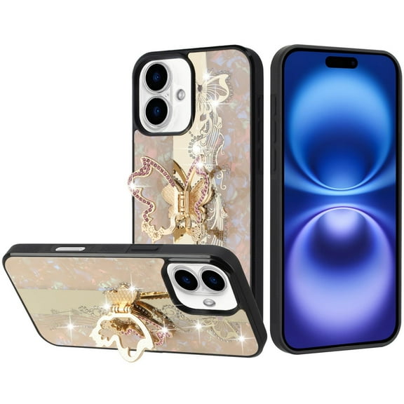 For iPhone 17 SPLENDID Diamond Glitter Ornaments Engraving Case Cover - Enchanted Butterfly Gold