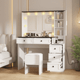 thumbnail image 3 of Modern White Vanity Stool Set, Farmhouse Makeup Table and Upholstered Stool with Lighted Mirror, Power Outlets, 6 Drawers, a Door Cabinet, Small Wooden Vanity Desk for Bedroom, 3 of 9